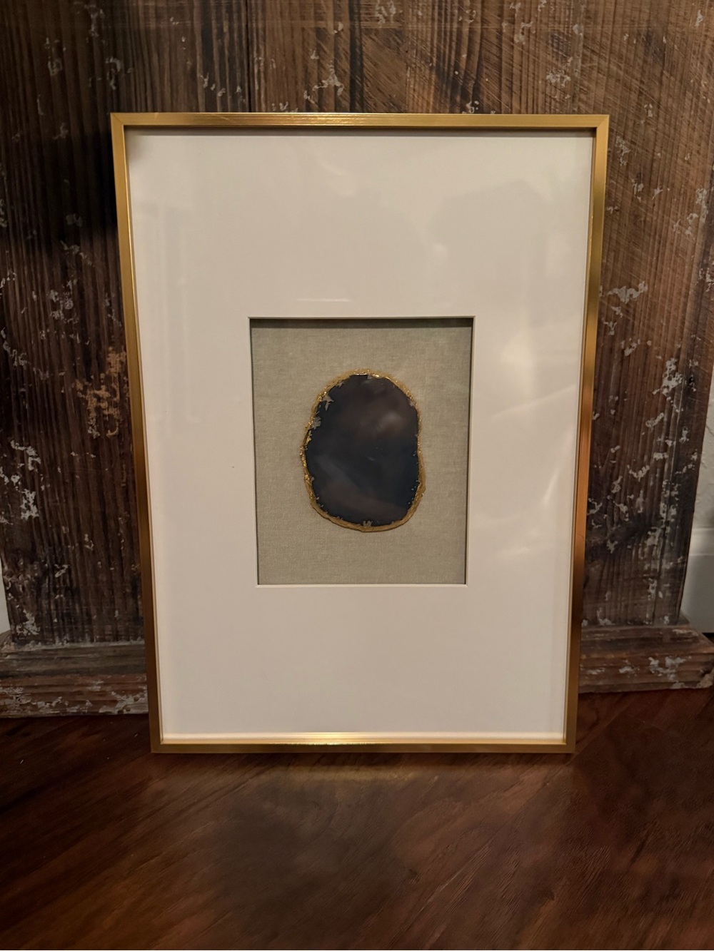Agate Stone Shadow Box Natural Gemstone Slice With Gold Edging Mounted On Fabric